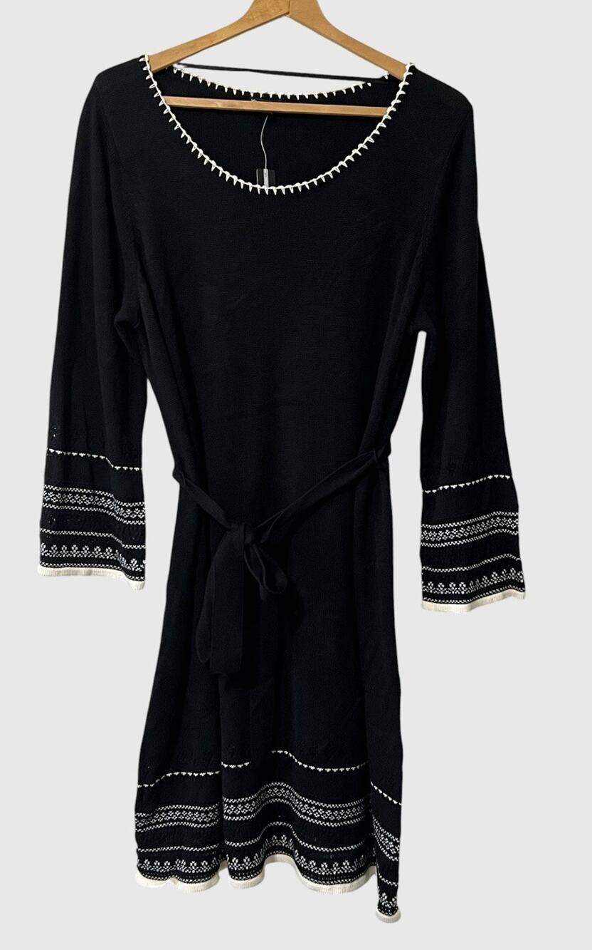 ND Womens 2X Black Cream Fair Isle Sweater Dress Midi Belted Eyelet Crochet NWT
